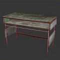 Vintage Office Desk with Green Worn Wooden Top and Metal Legs Two Tier Design