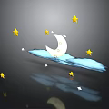 Scenic Night Sky Featuring Crescent Moon on Blue Cloud Yellow Stars Dark Background and Reflection