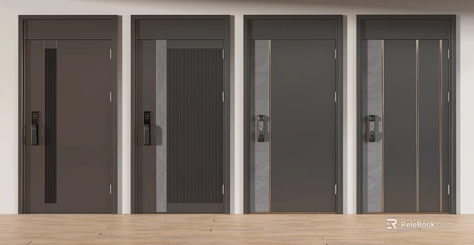 Modern Security Doors with Electronic Locks and Vertical Stripe in Different Styles 3d model 