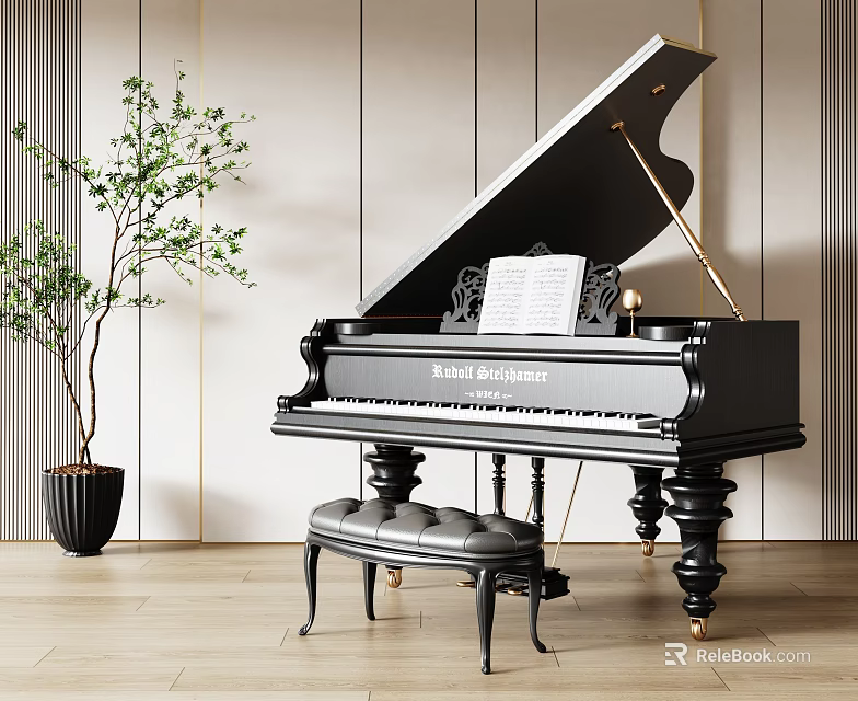 Black Bluthner Grand Piano With Leather Stool Music Sheet And Plant In Light Wooden Interior 3d model 