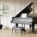 Black Bluthner Grand Piano With Leather Stool Music Sheet And Plant In Light Wooden Interior