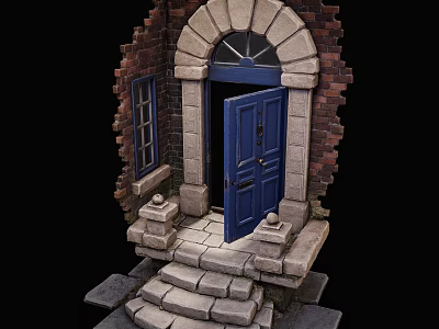 Blue Entrance Door With Arched Lintel Brick Wall Window Stone Steps And Stone Decorations 3d model