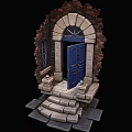 Blue Entrance Door With Arched Lintel Brick Wall Window Stone Steps And Stone Decorations