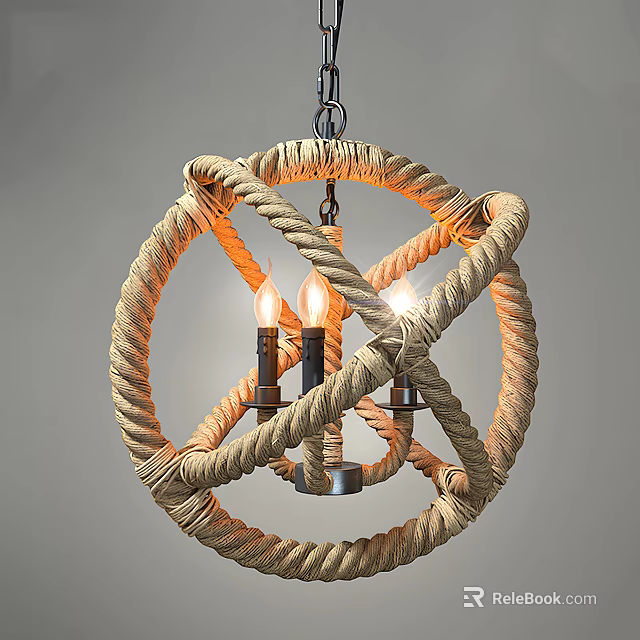 Rustic Rope Woven Spherical Chandelier With Warm Light Bulbs Ideal For Living Dining Room Decor 3d model 