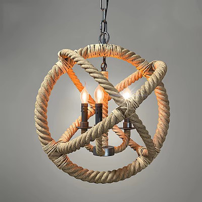 Rustic Rope Woven Spherical Chandelier With Warm Light Bulbs Ideal For Living Dining Room Decor 3d model