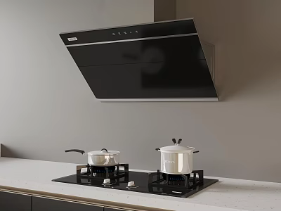 Modern Kitchen Range Hood on Gray Wall with Gas Stove Above White Countertop 3d model