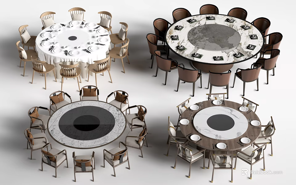 Modern Round Dining Tables With Patterned Tablecloths And Surrounding Chairs 3d model 
