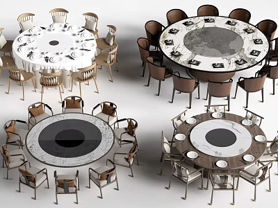 Modern Round Dining Tables With Patterned Tablecloths And Surrounding Chairs 3d model