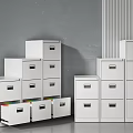 White Dressers in Various Heights with Multiple Drawers and Gray Striped Wall Interior