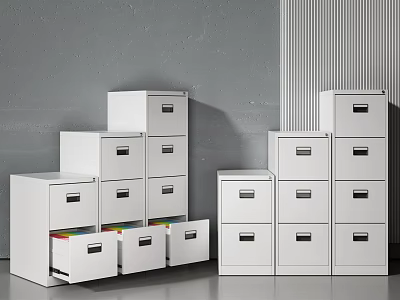 White Dressers in Various Heights with Multiple Drawers and Gray Striped Wall Interior 3d model