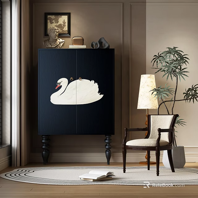 Elegant Black Console Cabinet With White Swan Design And Wooden Chair Table Lamp Potted Plant 3d model 