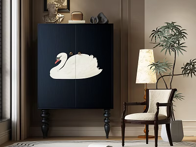 Elegant Black Console Cabinet With White Swan Design And Wooden Chair Table Lamp Potted Plant 3d model