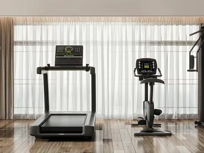 Home Gym Interior With Treadmill Exercise Bike Wooden Floor And Large Windows 3d model