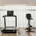 Home Gym Interior With Treadmill Exercise Bike Wooden Floor And Large Windows