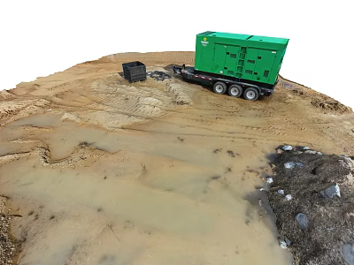 Green Generator Trailer On Muddy Ground With Black Container And Machinery 3d model