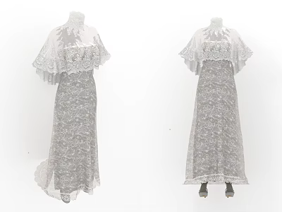 Elegant Feminine White Lace Long Dress Featuring Detachable Cape Detail 3d model