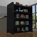 Modern Black Sideboard with Open Shelves Holding Ceramic Bowls and Jars in Kitchen
