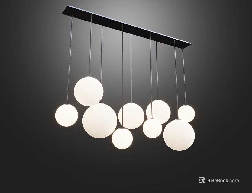 Elegant Modern Hanging Chandelier with Black Frame and Multiple White Spherical Bulbs 3d model 