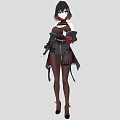 Woman With Black Short Hair Red Eyes Wearing Off Shoulder Top Black Coat And Heels