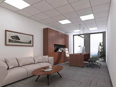 Modern Office Interior Design With Sofa Coffee Table Desk And Window View 3d model