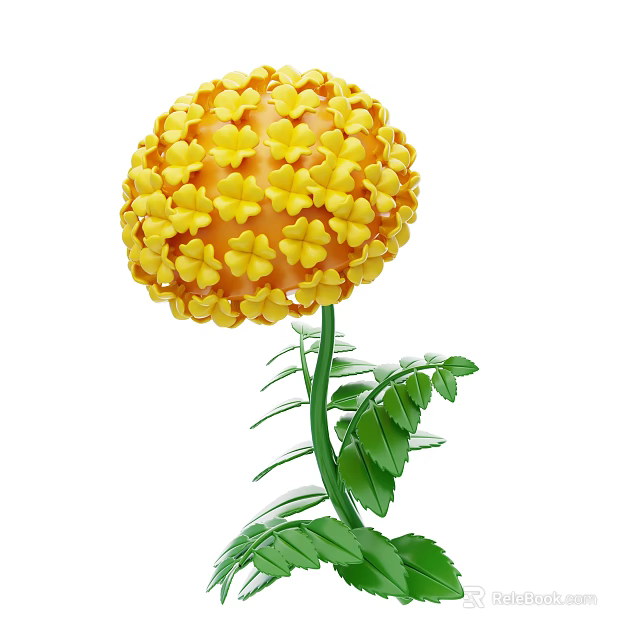 Vibrant Yellow Spherical Flower Plant With Green Stem And Fresh Leaves 3d model 