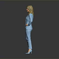 Confident Business Woman in Blue Suit Standing on Reflective Floor with Gray Background