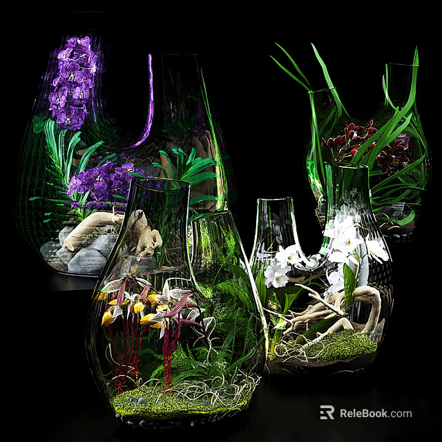 Decorative Ornament Sets Featuring Glass Vases Various Plants Purple And White Orchids 3d model 