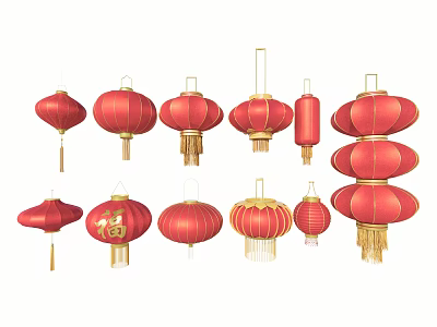 Traditional Red Chinese Lanterns With Fu Character And Various Festive Styles 3d model