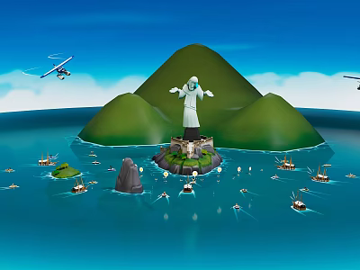 Cartoon Scene With Christ the Redeemer Statue Green Hills Blue Ocean Boats And Airplanes 3d model