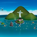 Cartoon Scene With Christ the Redeemer Statue Green Hills Blue Ocean Boats And Airplanes