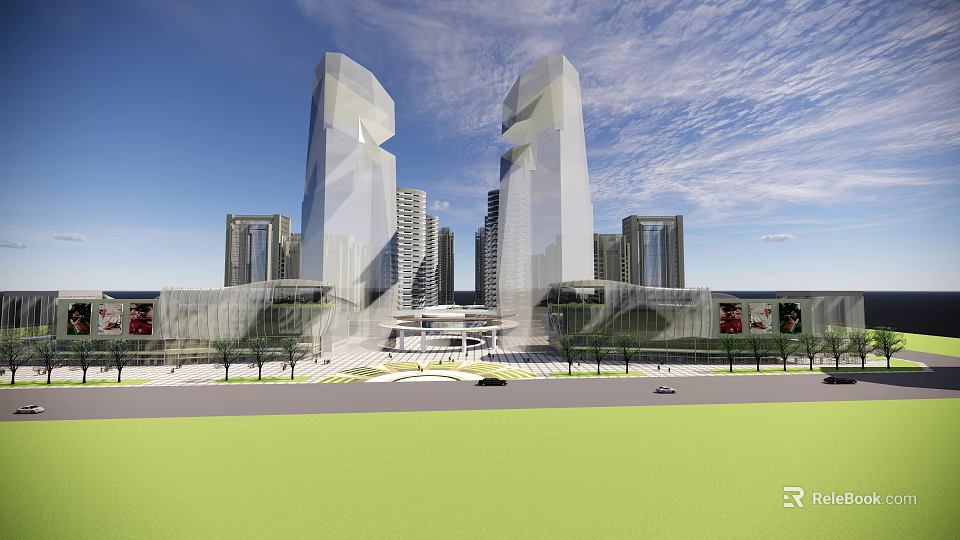 Modern Urban High Rise Buildings With Geometric Facades And Central Plaza Area 3d model 