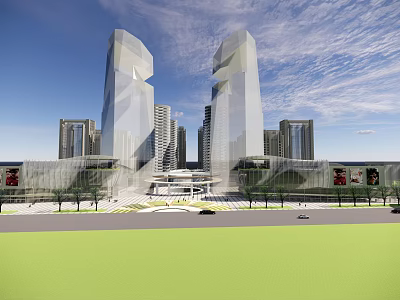 Modern Urban High Rise Buildings With Geometric Facades And Central Plaza Area 3d model