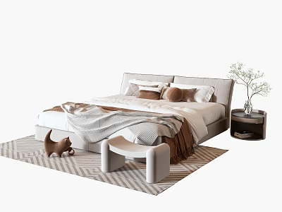 Modern Double Bed With Beige Bedding Pillows Blanket Striped Rug Stool And Nightstand With Plant 3d model