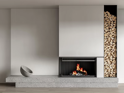 Modern Fireplace Interior Design with Burning Fire Stacked Firewood and Decorative Bowl on Gray Shelf 3d model