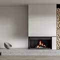 Modern Fireplace Interior Design with Burning Fire Stacked Firewood and Decorative Bowl on Gray Shelf