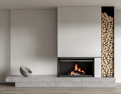 Modern Fireplace Interior Design with Burning Fire Stacked Firewood and Decorative Bowl on Gray Shelf 3d model