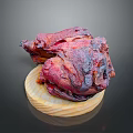 Tender Roasted Animal Meat Presented on Wooden Platter with Juicy Red Texture