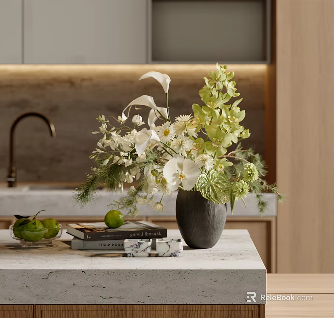 Gray Vase With White Green Flowers On Kitchen Countertop With Books Limes And Decor 3d model 