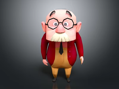 Cute Cartoon Game Movie Character With Bald Head Large Glasses White Mustache And Red Coat 3d model