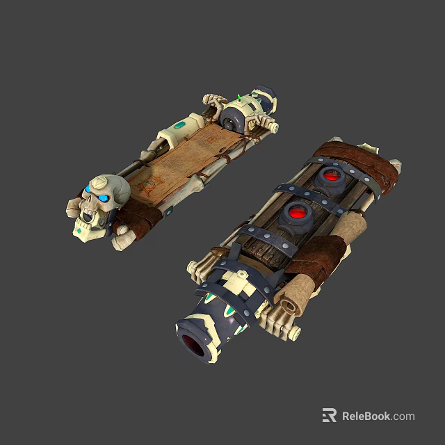 Skeleton Themed Mechanical Devices With Bone Structures Wooden Frames And Red Glowing Elements 3d model