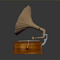 Vintage Gramophone With Golden Horn Wooden Base Black Turntable And Green Record