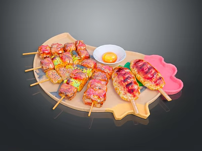 Grilled Assorted Meat And Vegetable Skewers With Yolk Sauce On Wooden Tray 3d model