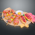 Grilled Assorted Meat And Vegetable Skewers With Yolk Sauce On Wooden Tray