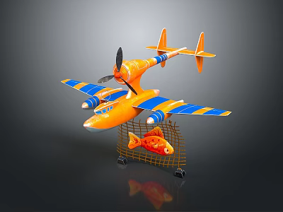 Toy Orange Airplane Model With Blue Yellow Wings and Metal Mesh Basket With Orange Fish 3d model