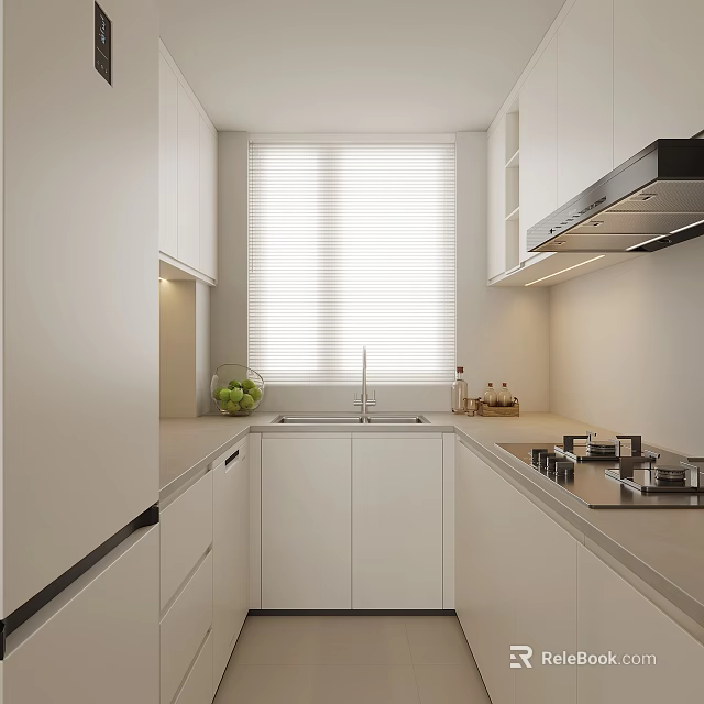 Modern White Kitchen Interior With Cabinets Countertop Sink And Window Blinds 3d model