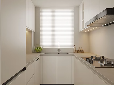 Modern White Kitchen Interior With Cabinets Countertop Sink And Window Blinds 3d model
