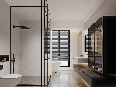 Modern Bathroom Interior With Glass Shower Marble Walls Bathtub And Black Cabinets 3d model