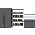 Modern Kitchen With Double Door Refrigerator Storage Shelves And Appliances