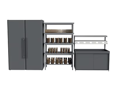 Modern Kitchen With Double Door Refrigerator Storage Shelves And Appliances 3d model