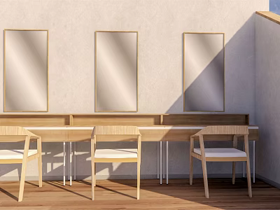 Wooden Dressing Table With Three Mirrors And Chairs In Sunlit Space 3d model